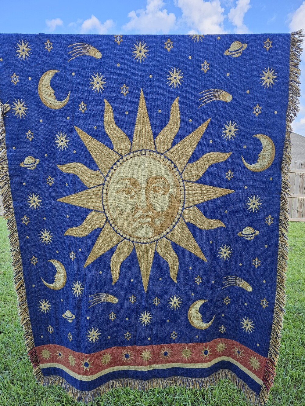 Vintage Sun & Stars Woven Tapestry Throw Blanket 90s Reversible